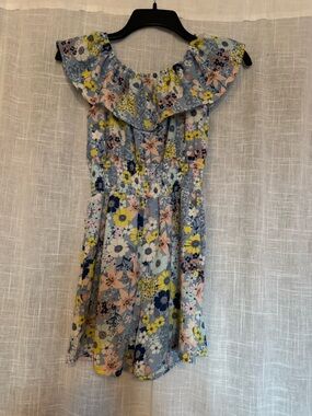 Knitworks Girls Floral Ruffle Off-Shoulder Romper in Light Blue